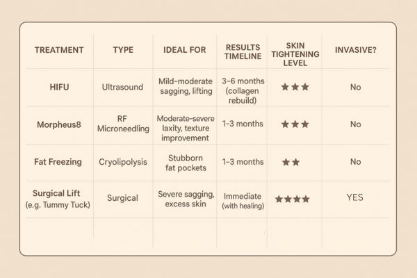 Table showing the comparisons of Skin tightening Edgware treatment options.